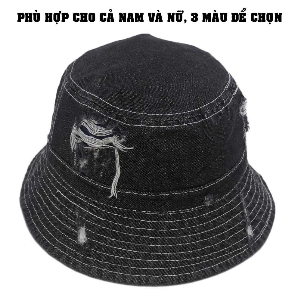 Nón bucket jean rách bụi cá tính không thêu, không có quai nón