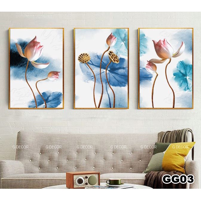 Tranh treo tường canvas 3 bức phong cách hiện đại Bắc Âu 211, tranh hoa trang trí phòng khách, phòng ngủ, phòng ăn, spa