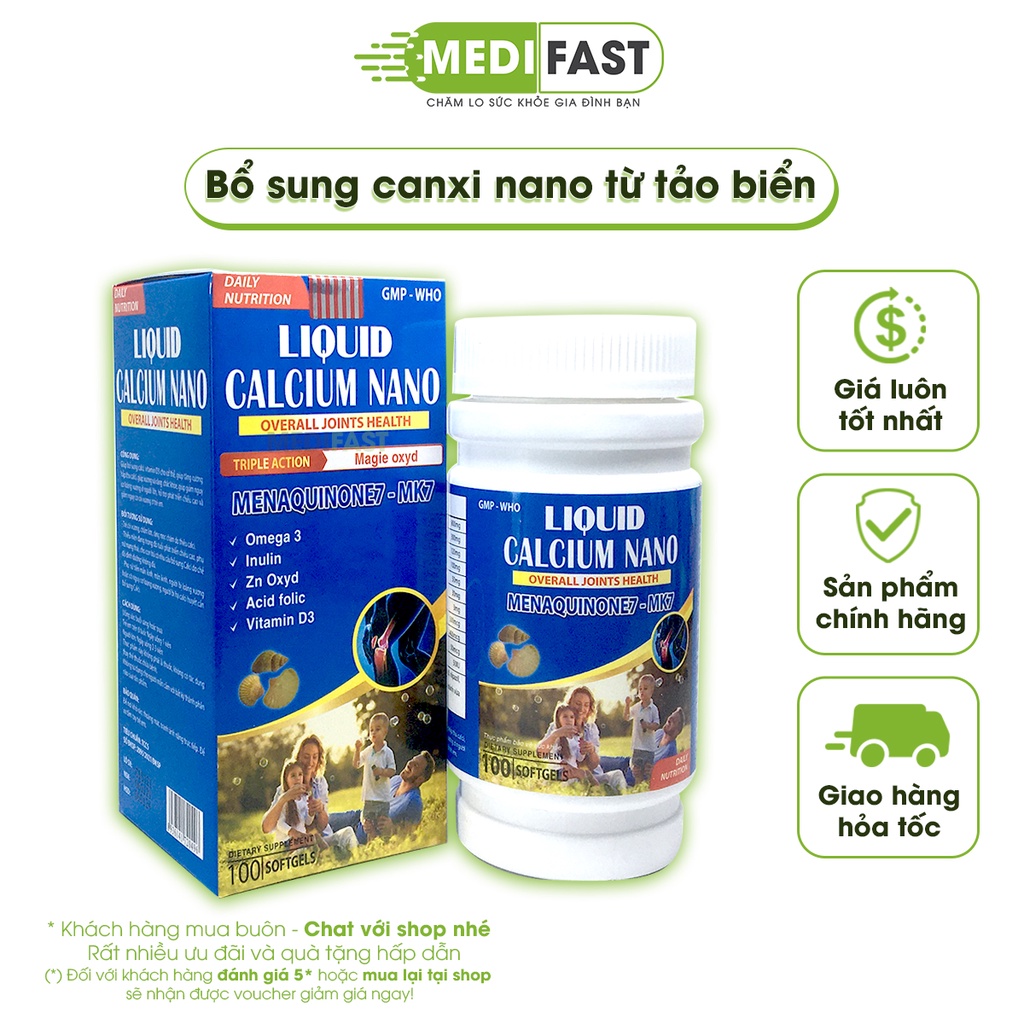 Bổ sung canxi Liquid calcium nano - Hộp 100 viên - phát triển xương răng cho trẻ nhỏ, giảm loãng xương có thêm D3, kẽm