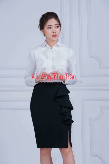 Chân váy công sở xẻ trước bèo nhún thời trang