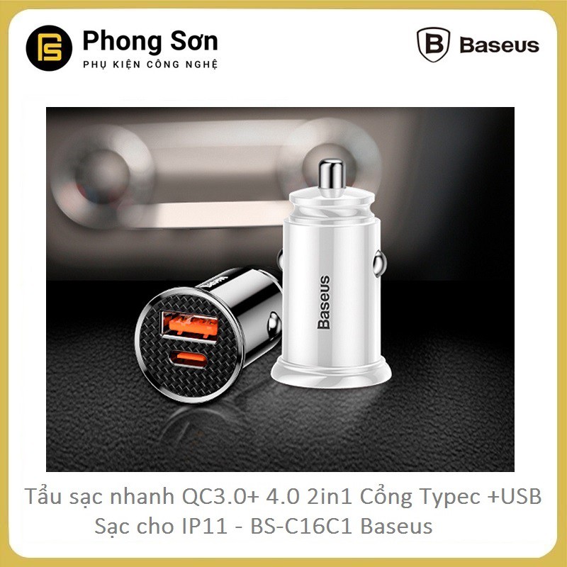 Tẩu sạc trên ô tô Baseus 2 cổng (USB +Type) sạc nhanh Q.C 4.0 30W cho điện thoại, Iphone 11 Pro Max - Bảo hành 12 Tháng