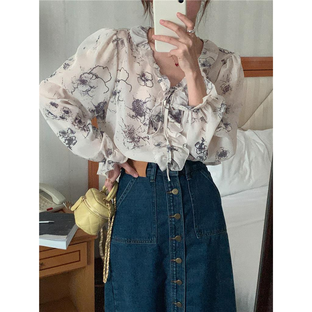 Áo Sơ Mi Voan Dài Tay In Họa Tiết Thanh Lịch Theo Phong Cách Xuân Hè 56004