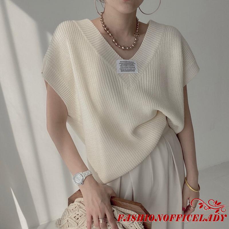 O-L Áo dệt kim sát nách cổ chữ V họa tiết chữ màu hồng/xám/đen/be cho nữ | BigBuy360 - bigbuy360.vn