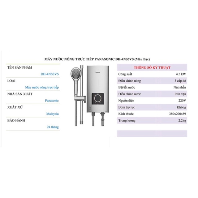 Máy nước nóng Panasonic DH-4NS3VS không bơm tắt mở bằng 1 nút nhấn