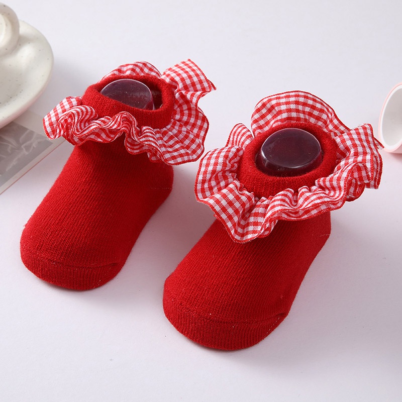 Vớ Cotton Mềm Mại Thoáng Khí Phối Bèo Họa Tiết Kẻ Sọc Cho Bé Gái Sơ Sinh