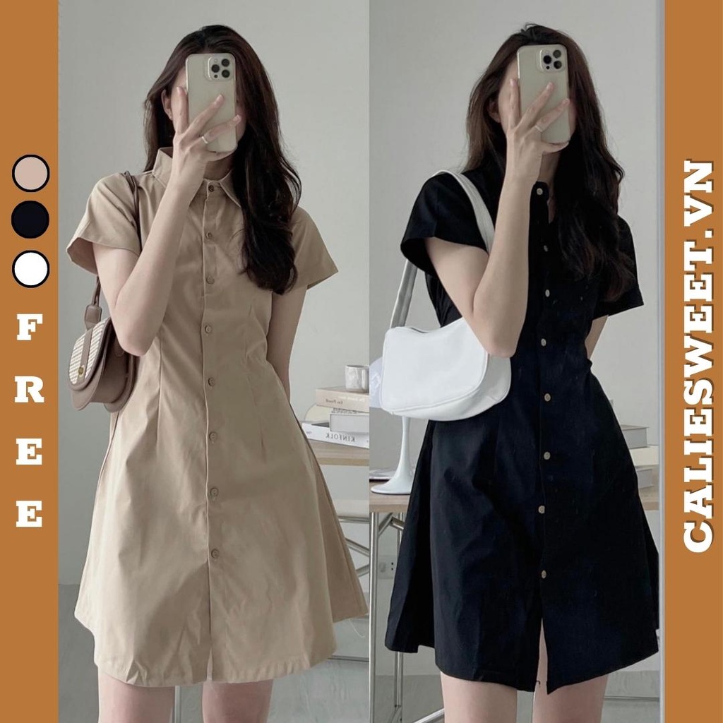 Váy sơ mi cộc tay Caliesweet váy sơ mi cổ đức chất thô co giãn nhẹ có chun định hình vòng eo