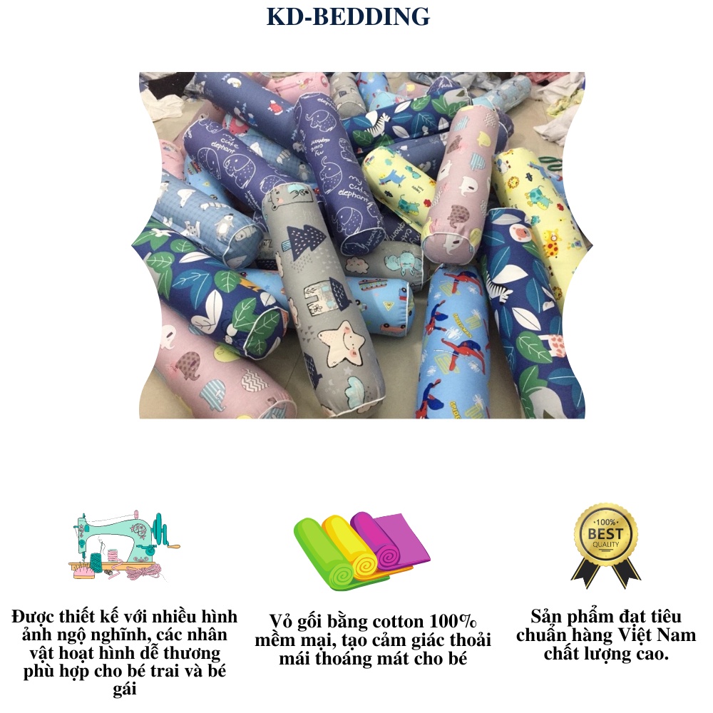 Gối ôm cho bé đi học, gối ôm trẻ em cotton cao cấp thoáng khí nhiều màu KD BEDDING kích thước 20cm x 60cm