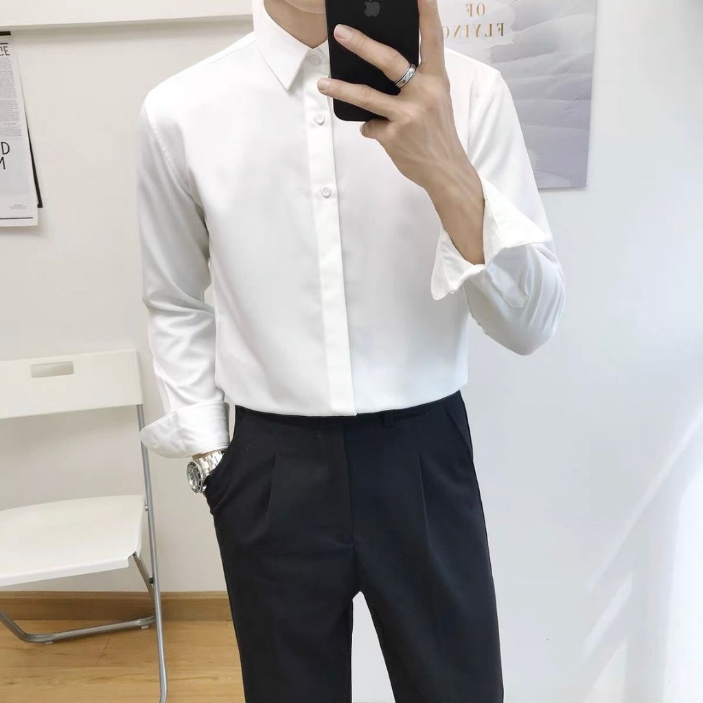 áo sơ mi nam giấu cúc lụa trắng kiểu hàn quốc cao cấp công sở - dáng ôm body , vải lụa trơn không nhăn co giãn nhẹ