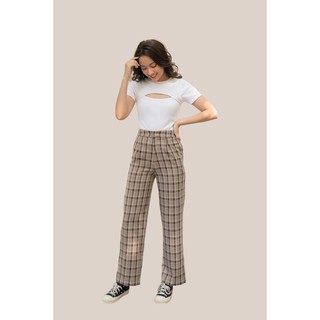 LIBÉ - Quần form suông vải caro màu nâu