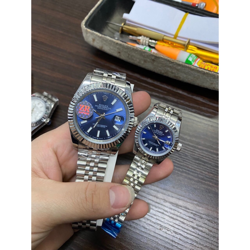 Đồng hồ đôi Nam Nữ Rolex số gạch da quang mặt xanh cơ Automatic Full Diamond size 41mmm nam- 28mm dây kim loại