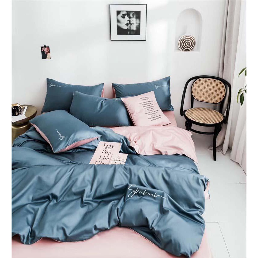 Bộ Chăn Ga Gối Lụa LIDACO cotton lụa trơn sợi vải 60s - Xanh Ga Hồng