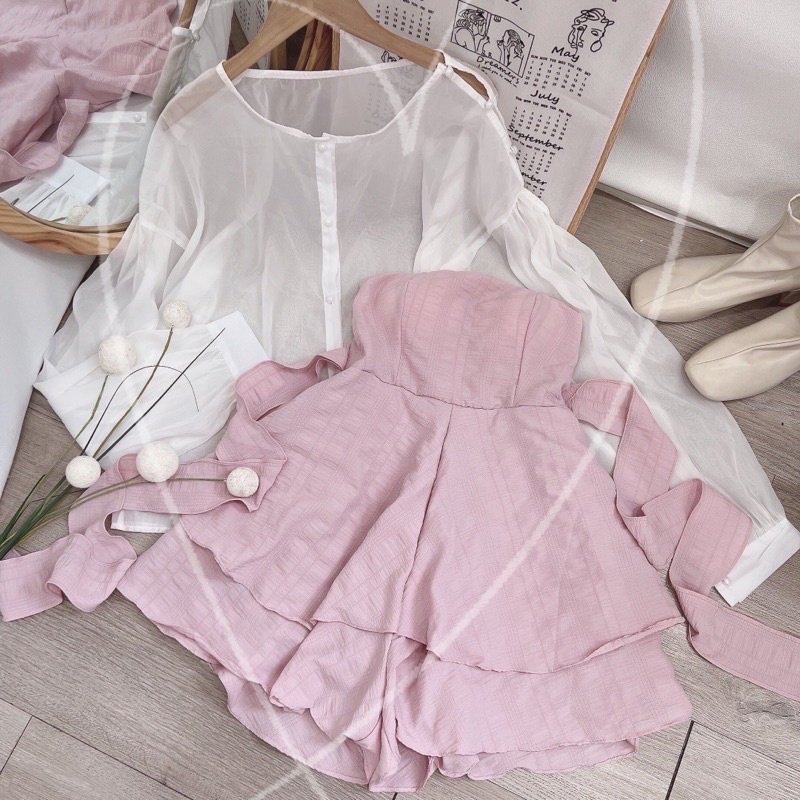 Set Đầm Cúp Xanh Mint, Đen, Hồng + Áo khoác trắng kèm ảnh thật trải sàn