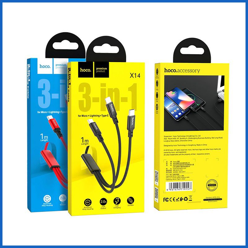 Cáp sạc 3 đầu hoco x14 ip/micro usb/type c bọc vải,chống gẫy gập dài 1m
