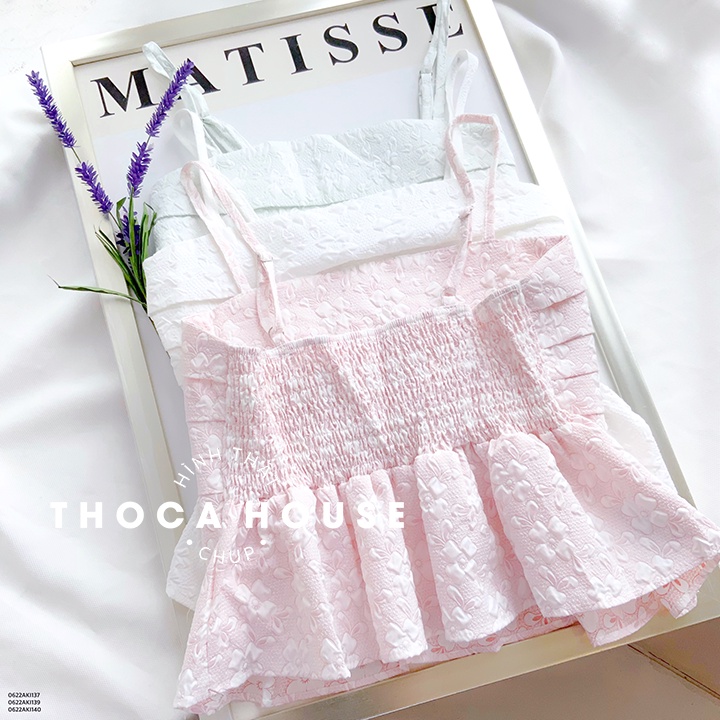 Áo kiểu 2 dây croptop xếp li dáng xòe hoa nhí THOCA HOUSE mẫu mới thời thượng, màu pastel nhẹ nhàng phối đồ