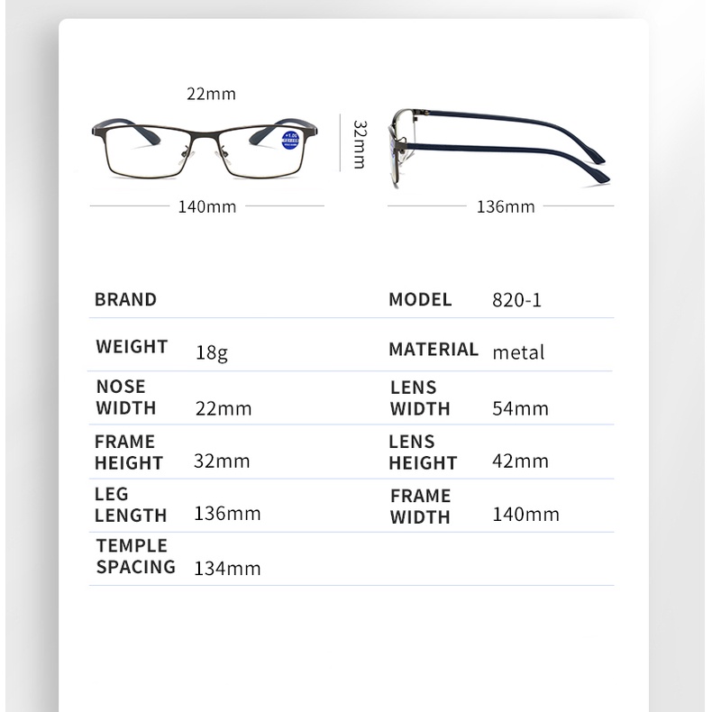 Kính đọc sách chống ánh sáng xanh cho nam mới Chất liệu khung kim loại chất lượng cao Kính đọc bảo vệ bức xạ + 100°(+1.00), +150°(+1.50), +200°(+2.00), +250°(+2.50), +300°(+3.00),
