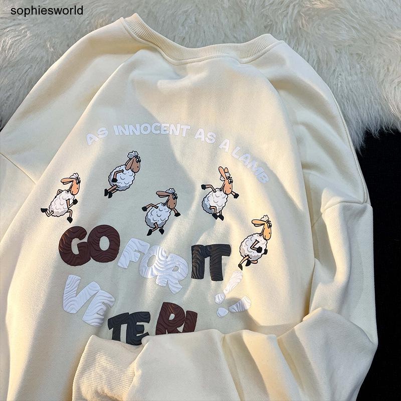Áo Hoodie Lông Cừu Tay Dài Dáng Rộng In Chữ Hoạt Hình Kiểu Retro Mỹ Thời Trang Mùa Thu Cho Cặp Đôi