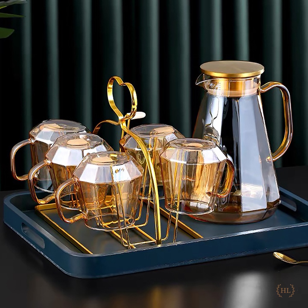 Bình cốc thuỷ tinh phong cách NORDIC THÁP HỔ PHÁCH | SET BÌNH LY THỦY TINH CHỊU NHIỆT BOROSILICATE VÀNG