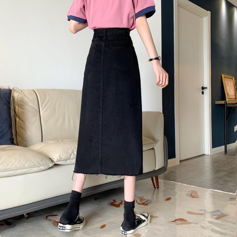 Chân váy Jean cạp cao xẻ tà 2021