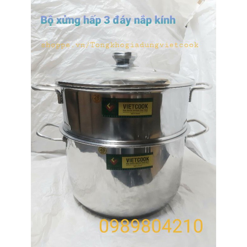 (Video SP)Bộ nồi xửng hấp inox ,xửng hấp inox 2 tầng 3 đáy nắp kính,nắp inox  VietCook đun bếp từ  size 24,26,28,30,32