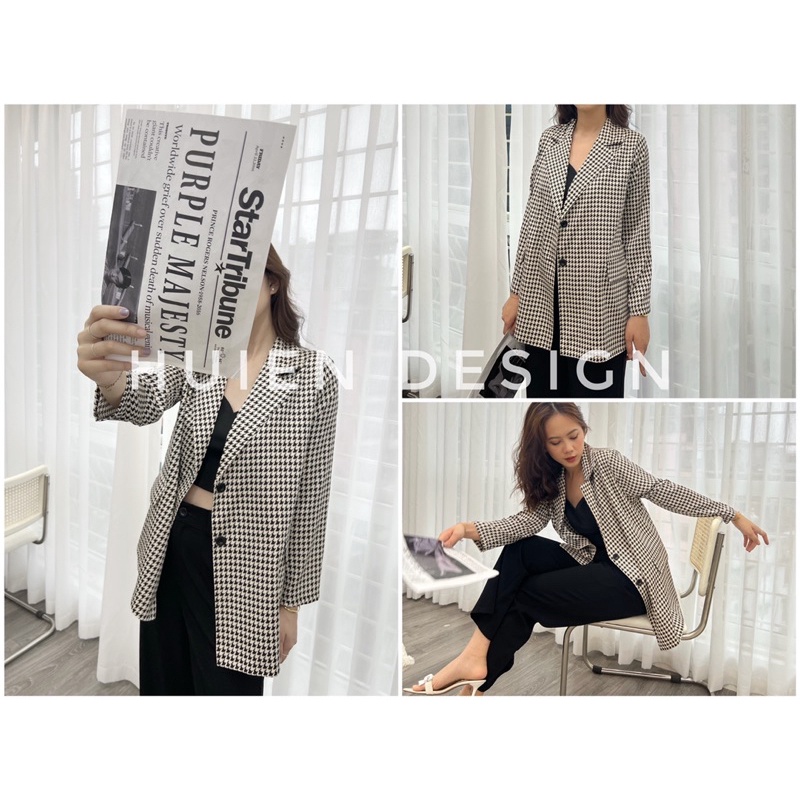 Áo khoác blazer nữ 1 lớp dáng dài họa tiết chất vải mát, có độn vai hàng thiết kế Huien Design độc đáo, áo vest nữ