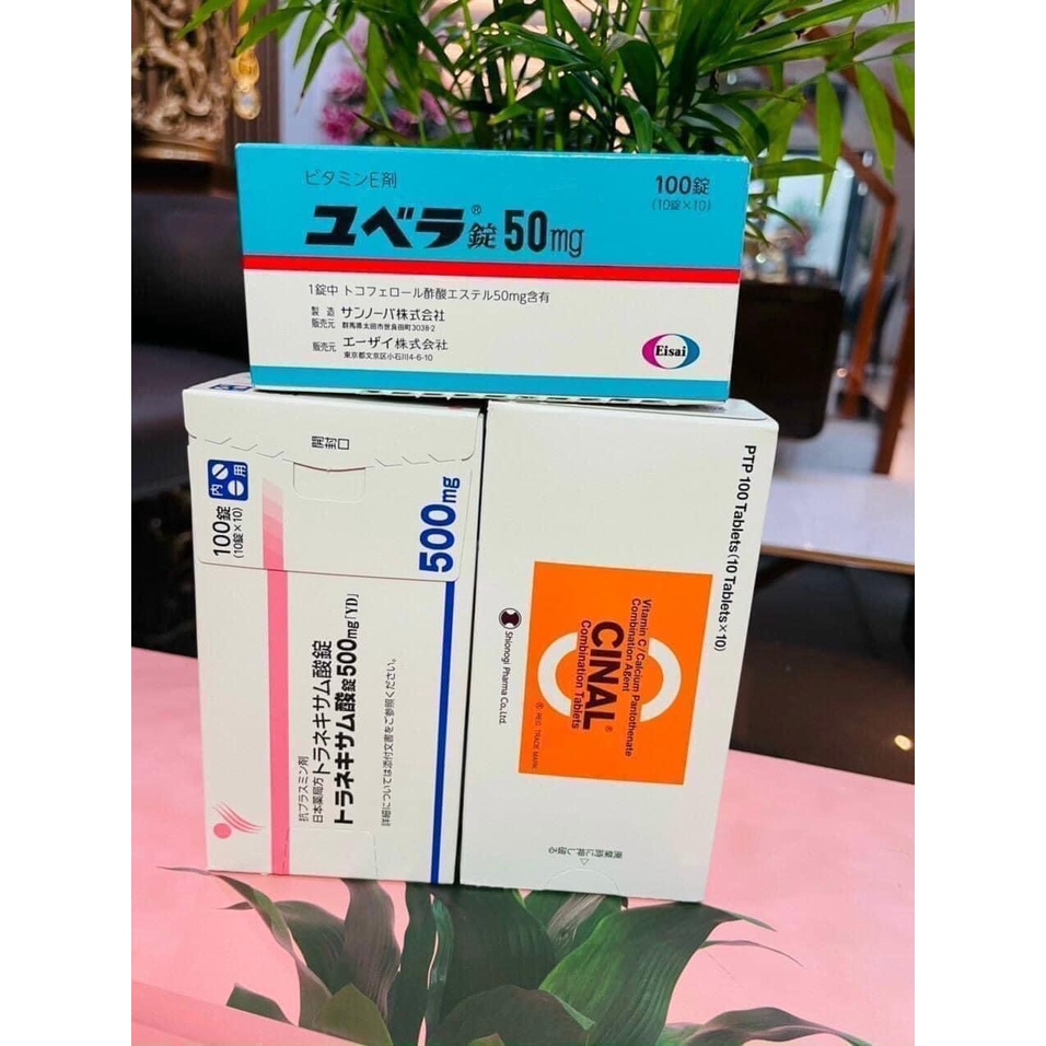 "Set 3 món" Tinh chất viên dưỡng trắng da mờ nám transamin, vitamin c cinal, vitamin e 50mg nhật bản