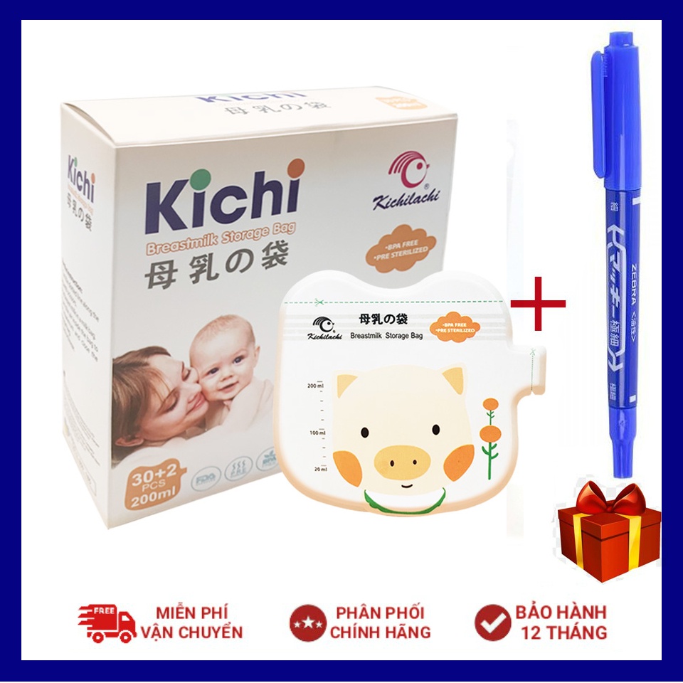 (Tặng 01 bút dấu) Hộp 30+2 Túi trữ sữa, đựng sữa mẹ Kichilachi 200m Free BPA họa tiết ỉn con