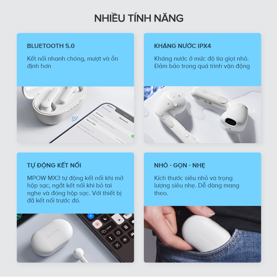 Tai Nghe True Wireless MPOW MX3, Sạc Không Dây, BT 5.0, Cảm Ứng, Kháng Nước IPX4 - Chính Hãng BH 12T