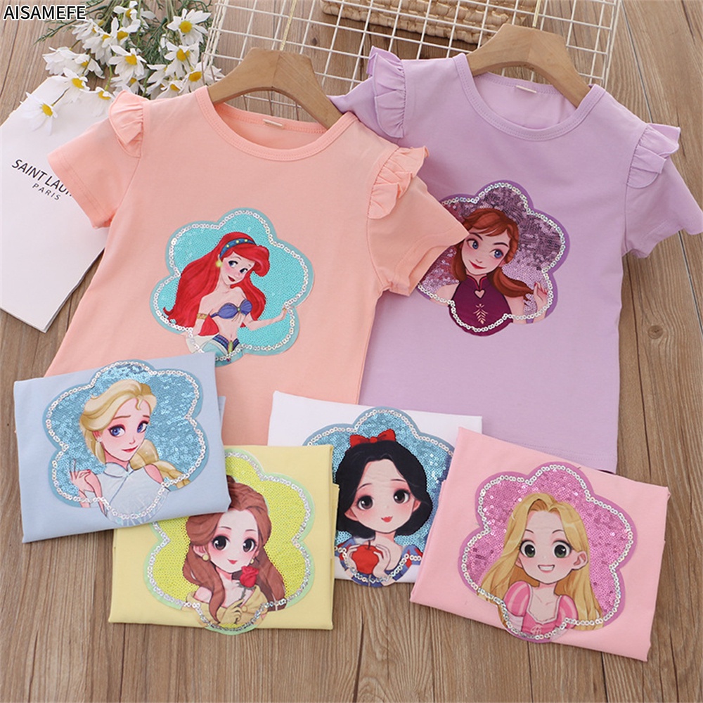 Áo Thun Cotton Tay Ngắn Cổ Thuyền In Hình Công Chúa Bạch Tuyết Belle Mùa Hè Dành Cho Bé Gái 3-8 Tuổi
