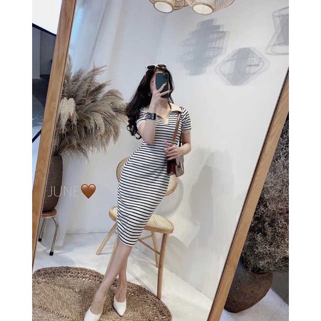 :Váy Polo Body kẻ ngang phối cổ be hàng L1