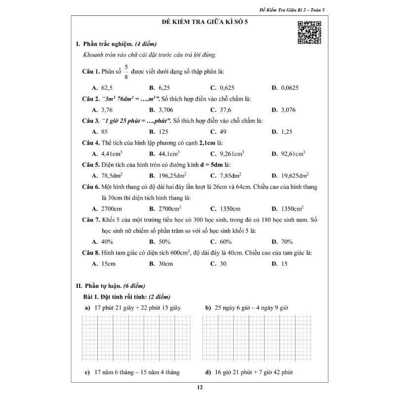 Sách - Đề kiểm tra dành cho học sinh lớp 5 - Toán và Tiếng Việt - học kì 2 (2 quyển)