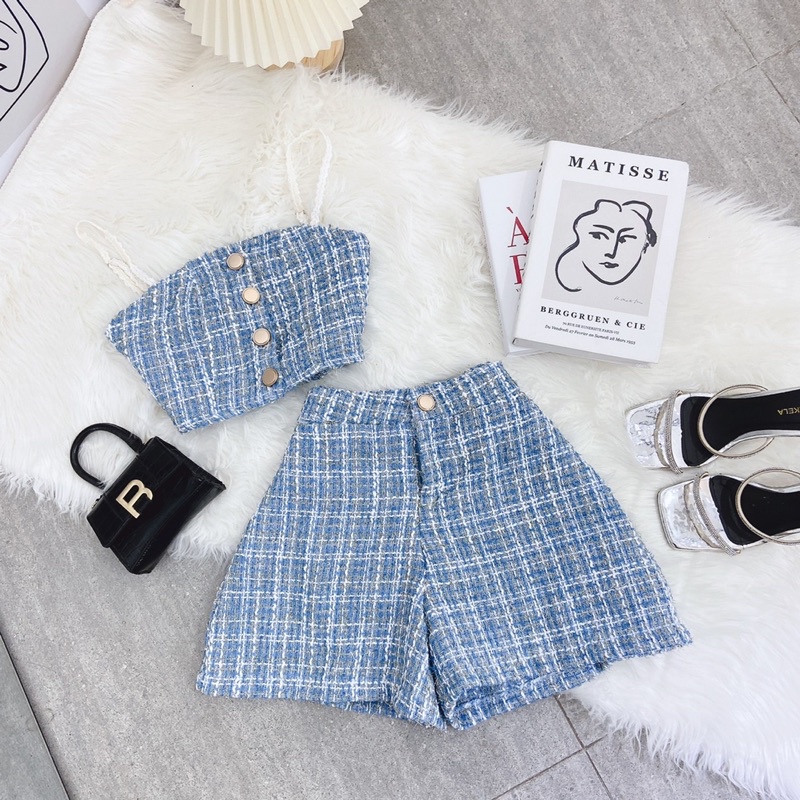 SET ÁO DẠ XANH 2 DÂY CROPTOP NÚT + QUẦN SHORT