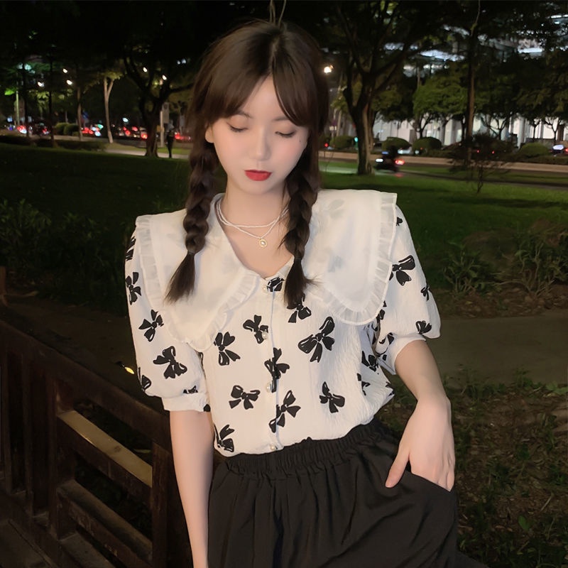 Áo sơ mi tay ngắn phồng dáng rộng màu tương phản thời trang cho nữ