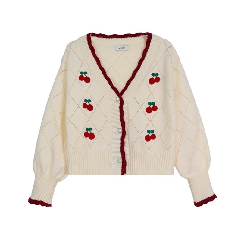 Áo khoác Cardigan dáng ngắn tay bồng cổ tim viền bèo thêu hình 🍒