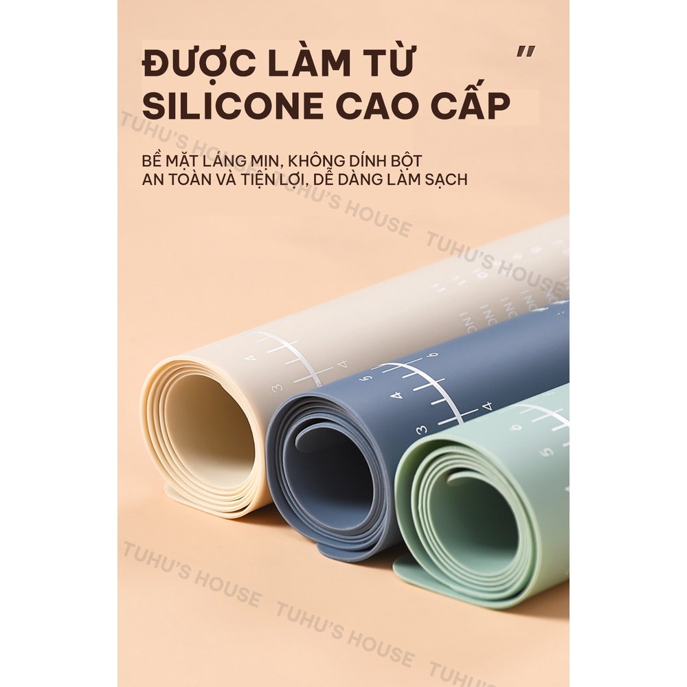 Dụng cụ làm bánh silicon, bộ dụng cụ nhà bếp gồm thảm nhào bột, cây cán lăn bột, dao cắt bột silicone - TUHUHOUSE