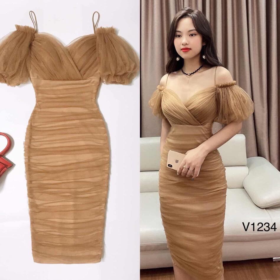 Đầm body nâu lưới nhún 2 dây tay phồng cúp ngực đắp lên form bao sang -MM.D911