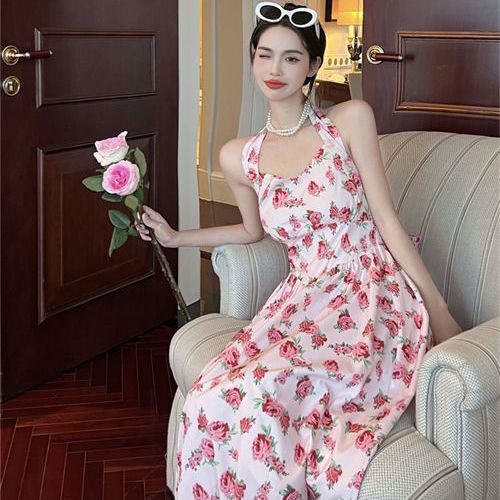 Jiashucheng Đầm Midi Hai Dây Họa Tiết Hoa Phong Cách Retro Pháp