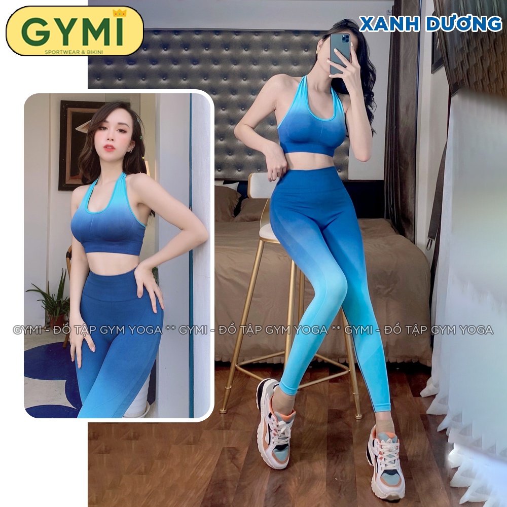 Set bộ đồ tập gym yoga nữ GYMI SET09 gồm áo bra thể thao và quần legging cạp cao chun mông chất dệt co giãn