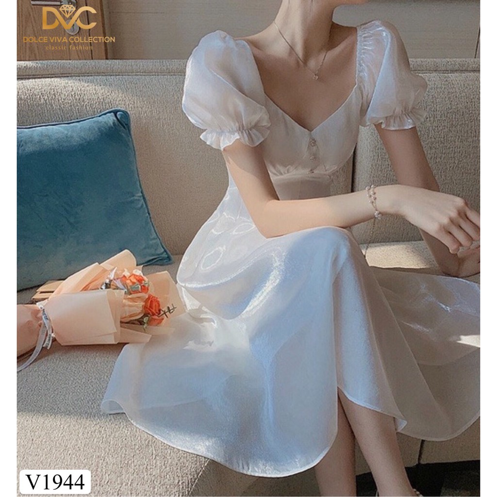 Váy trắng xòe tay bồng thiết kế V1944  - Đẹp Shop DVC (Kèm ảnh thật trải sàn do shop tự chụp)