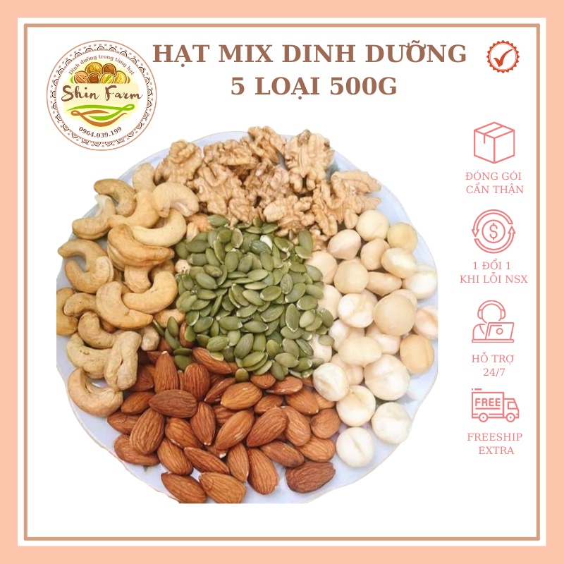 Ngũ cốc ăn sáng giảm cân Hạt mix dinh dưỡng 5 loại 500g Shin Farm (Óc chó vàng macca hạnh nhân hạt điều hạt bí xanh)