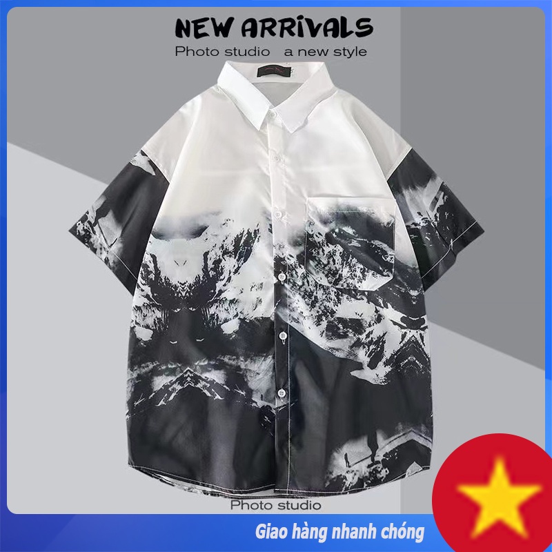 Unisex，Áo sơ mi in 3D đen và trắng, Người đàn ông xu hướng mỏng, Áo sơ mi cặp đôi in hình núi tuyết