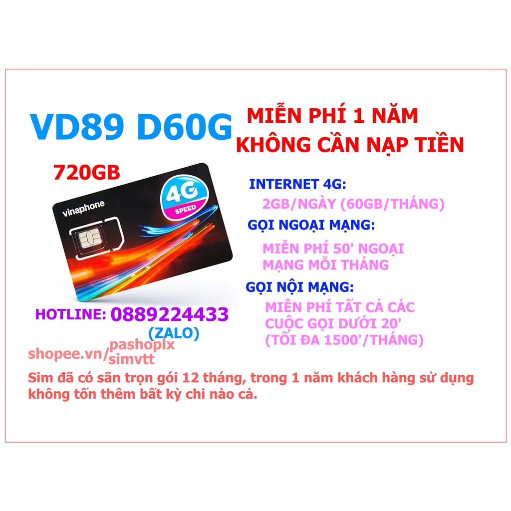 SIM 1440GB 720GB 60GB VINA VD149 VD89 D60G D500T 12 THÁNG MIỄN PHI NGHE GỌI LÊN MẠNG.