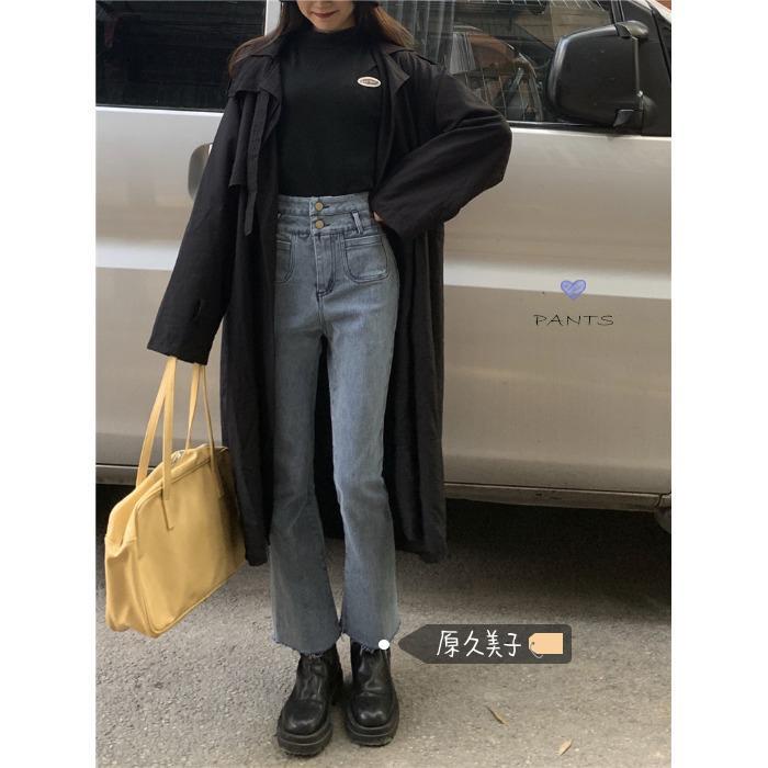 Quần áo mùa thu và mùa đông mới Quần jean nữ mùa xuân và mùa thu Slim High Eo Wild Micro-Load Jeans Phiên bản Hàn Quốc của các mẹo thiết kế linh hoạt thẳng cao căng thẳng