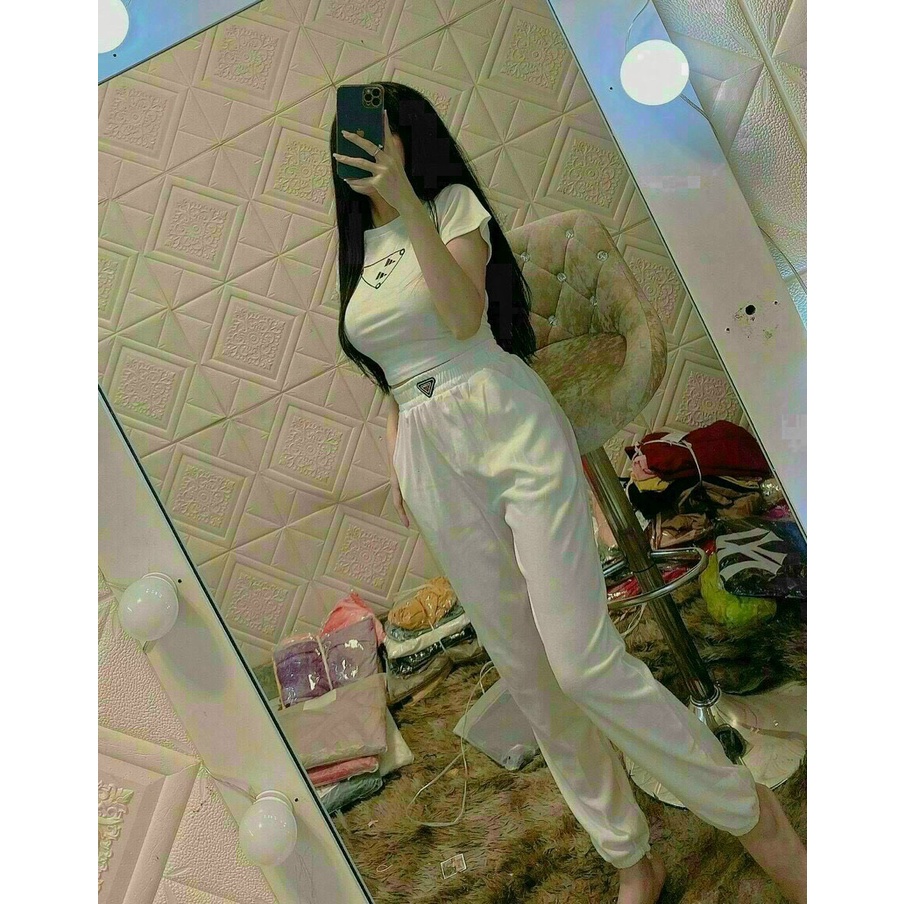 [8.8 Sales Freeship] Set bô thể thao nữ, set bộ áo cổ tròn croptop in logo, quần dài jogker ống túm cá tính dx