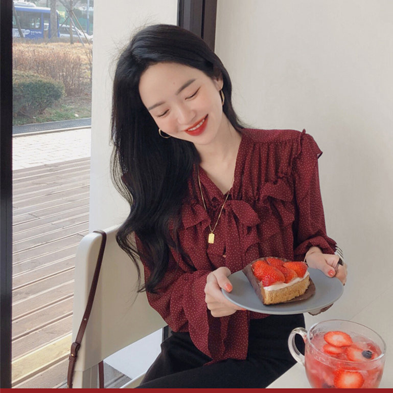 Áo voan tay dài phối bèo họa tiết chấm bi thanh lịch 27588