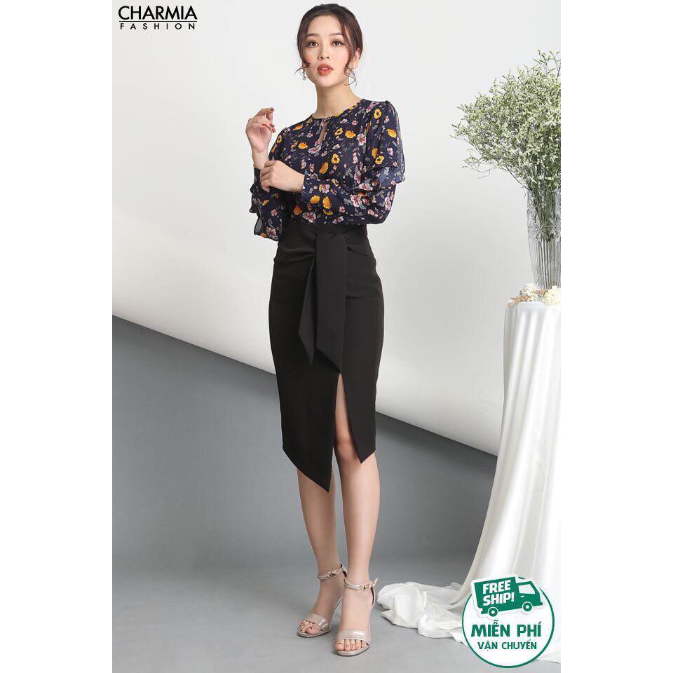 Chân váy công sở buộc nơ xẻ đùi sang chảnh