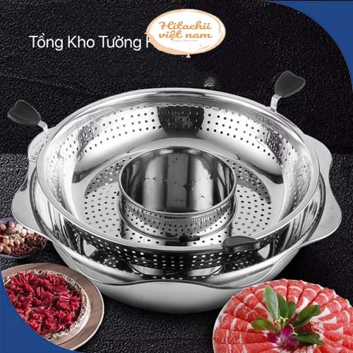 Nồi lẩu inox xoay 2 tầng Hàn Quốc, Nồi lẩu đa năng 2 ngăn dùng được bếp từ và bếp gas, Xoong inox 304 ăn lẩu