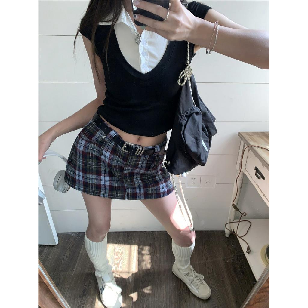 Bộ Áo Thun Cổ Chữ V Giả Hai Mảnh Phối Chân Váy Ngắn Ôm Dáng Phong Cách Thái Lan 63044