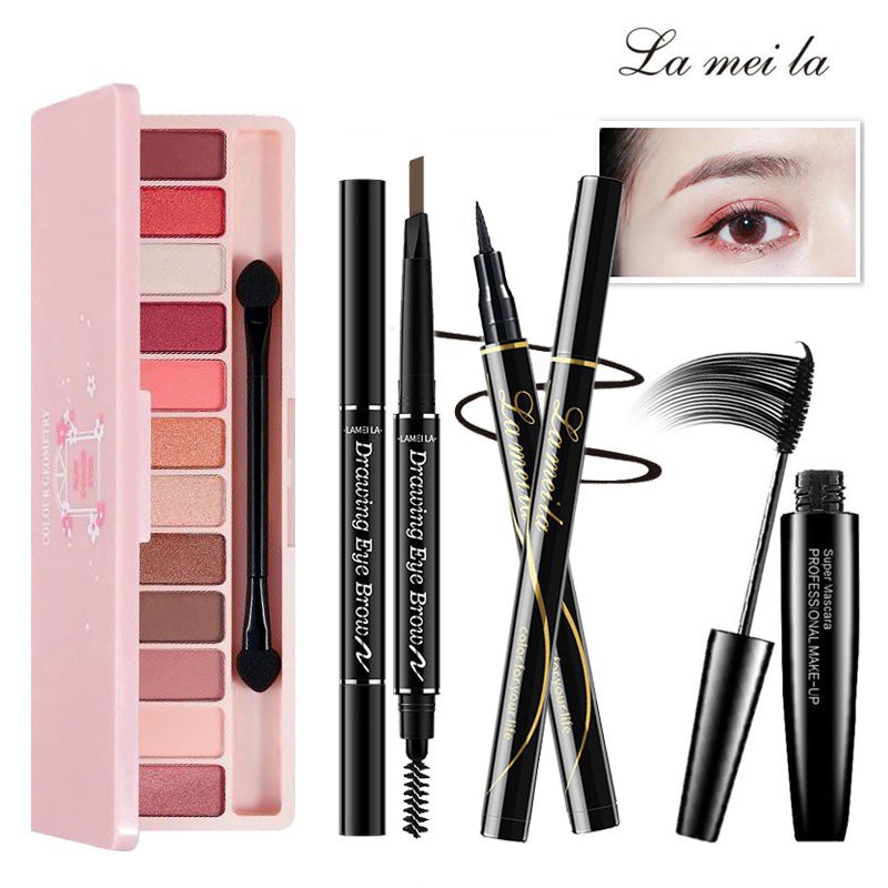 Bộ trang điểm 10 món đầy đủ bộ makeup Phấn phủ Kem nền Phấn má Phấn mắt Son lì Mascara Chì kẻ mày Kẻ mắt Bút tạo khối