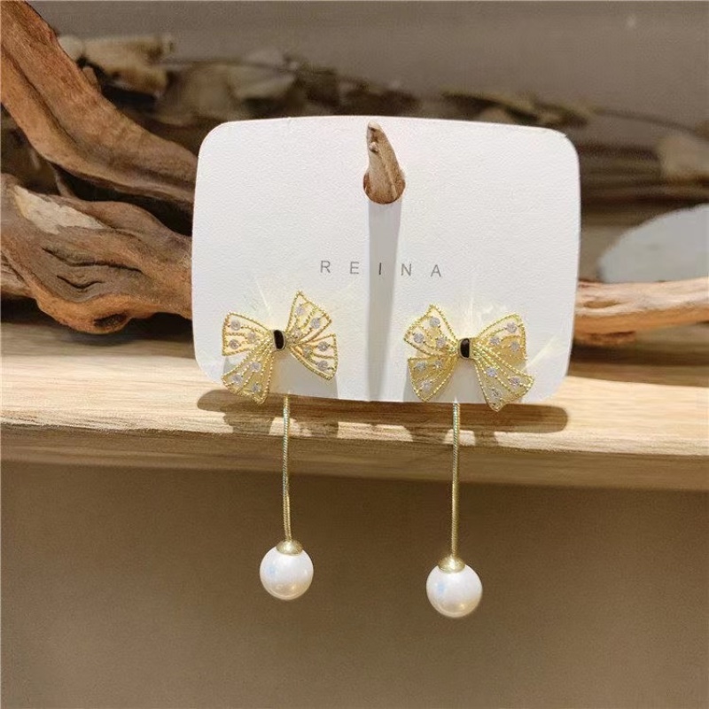 Bông Tai Hình Nơ Đính Ngọc Trai Lấp Lánh Phong Cách Hàn Quốc Thanh Lịch Dành Cho Nữ