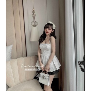 Set áo gấm hoa nổi hai dây kèm chân váy